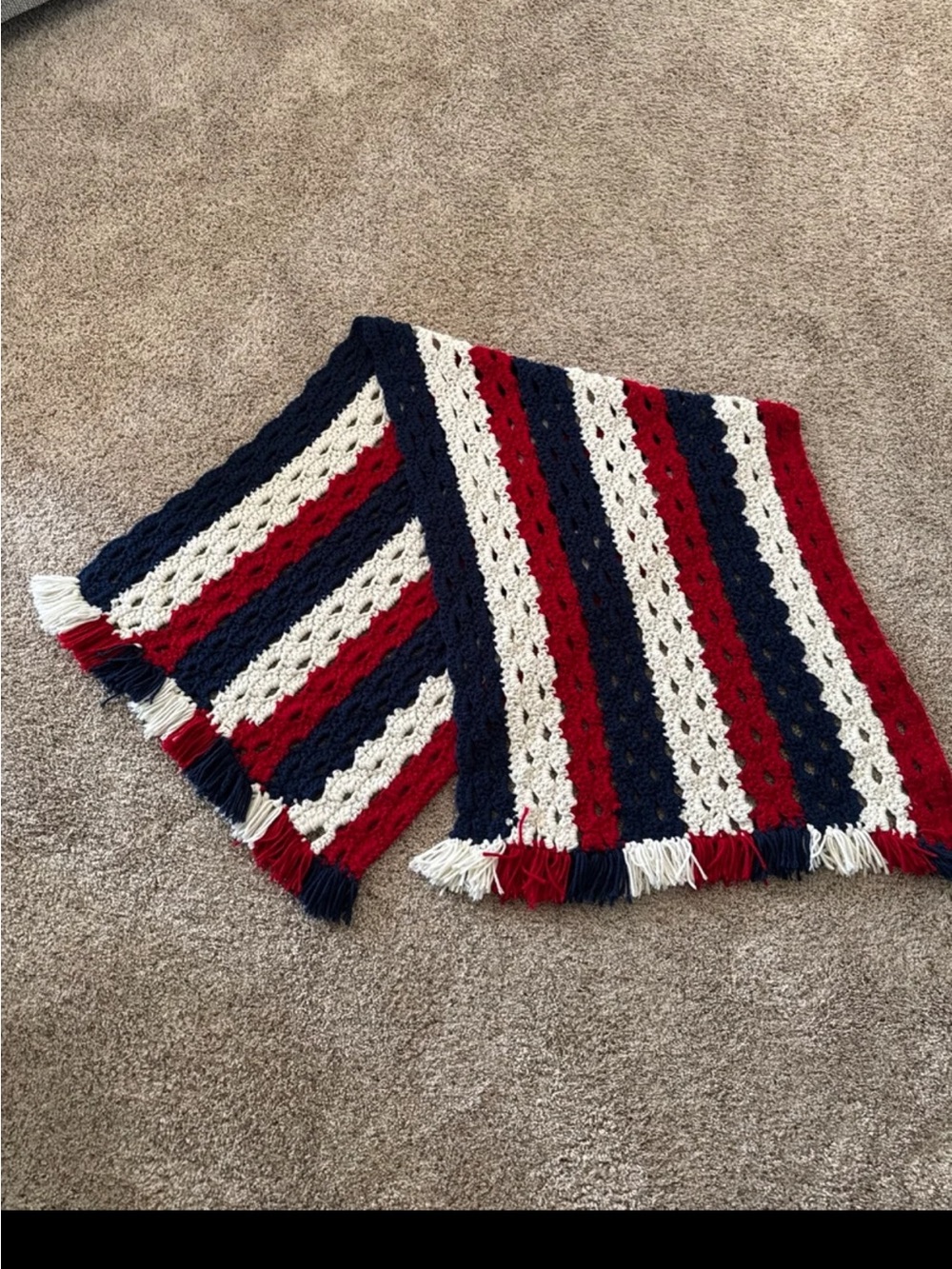 Hand Knit Crochet Red/White/Blue Blanket with tassels - Picture 8 of 12